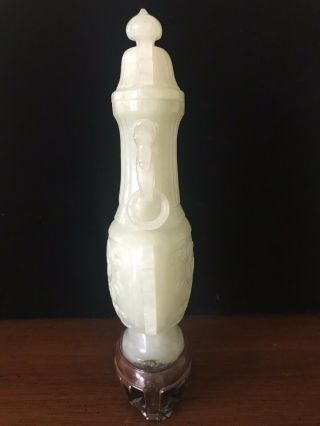 Antique Hand Carved Jade Double Dragon Vase Urn With Top And Stand 3