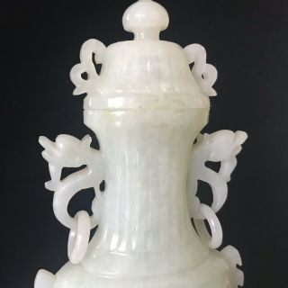 Antique Hand Carved Jade Double Dragon Vase Urn With Top And Stand 4