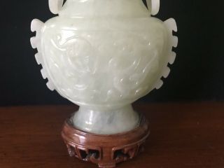 Antique Hand Carved Jade Double Dragon Vase Urn With Top And Stand 5