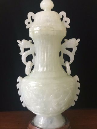 Antique Hand Carved Jade Double Dragon Vase Urn With Top And Stand 7