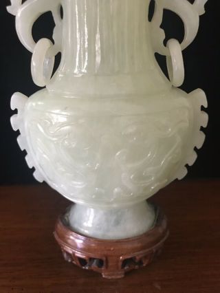 Antique Hand Carved Jade Double Dragon Vase Urn With Top And Stand 8