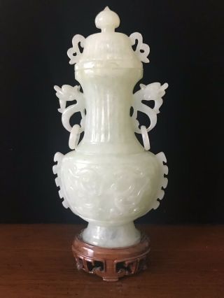 Antique Hand Carved Jade Double Dragon Vase Urn With Top And Stand 9