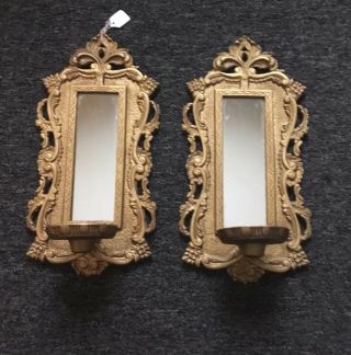 A Pair Vintage Hollywood Regency Italian Gold Gilt Wheat Mirrored Candle Sconce