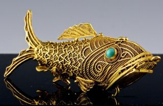 Vry Fine Chinese Filigree Gold Gilt Sterling Silver Koi Fish Pendant Vinaigrette