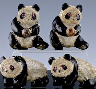 4 Chinese Gold Gilt Filigree Silver Enamel Agate Panda Bear Brooches Pendants