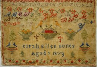 LATE 19TH CENTURY MOTIF & ALPHABET SAMPLER BY SARAH ELLEN BONES AGED 9 - 1879 3