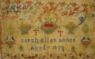 LATE 19TH CENTURY MOTIF & ALPHABET SAMPLER BY SARAH ELLEN BONES AGED 9 - 1879 8