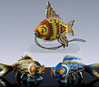3 Very Fine Chinese Filigree Silver & Cloisonne Enamel Goldfish Fish Pendants