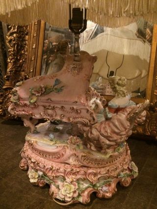 RARE Old Porcelain Piano Lamp Capodimonte Fringe Shade 40” 3