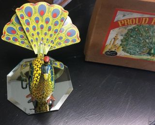 RARE ALPS OCCUPIED JAPAN TIN LITHO WIND UP PROUD PEACOCK TOY W/ORIG BOX WOW 2