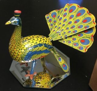 RARE ALPS OCCUPIED JAPAN TIN LITHO WIND UP PROUD PEACOCK TOY W/ORIG BOX WOW 4