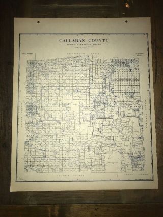1918 Callahan County Texas Map Land Office Austin Blue Line Antique Vintage