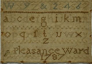 VERY SMALL LATE 18TH CENTURY ALPHABET SAMPLER BY PLEASANCE WARD - 1787 3