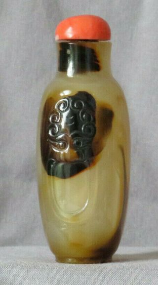 Banded Agate Snuff Bottle Qing Dynasty,  18th / 19th Century Lion - Mask Handles