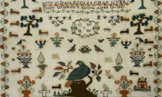 EARLY 19TH CENTURY BIRD,  HOUSE,  MOTIF & QUOTATION SAMPLER BY DOLLY WILLIAMS 1821 10