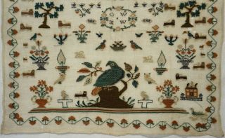 EARLY 19TH CENTURY BIRD,  HOUSE,  MOTIF & QUOTATION SAMPLER BY DOLLY WILLIAMS 1821 5