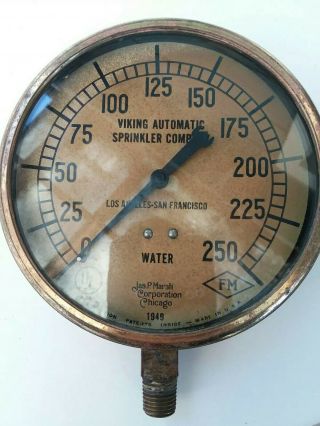 Antique 1949 Jas.  P.  Marsh Brass Fire Sprinkler Water Pressure Gauge