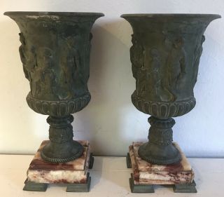 Antique Spelter Neoclassical Mantle Garniture Urns With Marble Bases