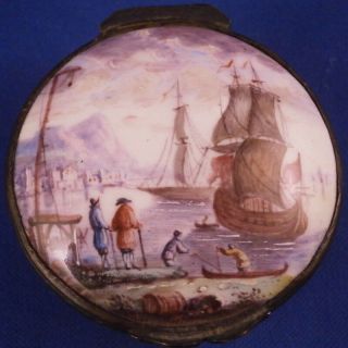 Antique 18thc Staffordshire Bilston Battersea Enamel Harbor Scene Snuff Pill Box