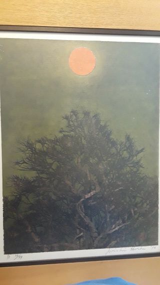 Joichi Hoishi tree with red moon,  gold leaf limited edition.  1976. 6