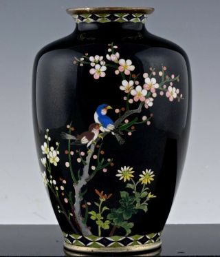 Vfine Japanese Meiji Bird Landscape Scenic Cloisonne Enamel Silvered Bronze Vase