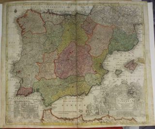 Spain Portugal Gibraltar 1734 Seutter Unusual Large Antique Copper Engraved Map