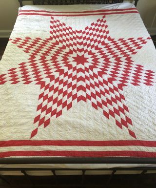 Early Antique Vintage Red & White Lone Star Quilt Hand Sewn 70” X 70”