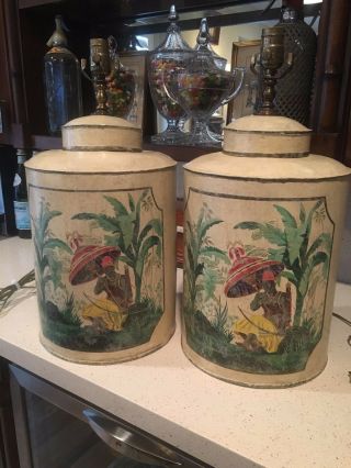 Pair English Tole Tea Caddy Canister Lamps Chinoiserie Mid Century Regency