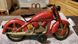 1958 RED VINTAGE HARLEY DAVIDSON RED MOTORCYCLE RARE TIN TOY MADE IN JAPAN 10