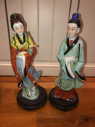 Antique Chinese Famille Rose Porcelain Man & Lady Figures Pair Elders Stands