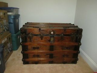 Antique Steamer Trunk Flat Top Stained Wood