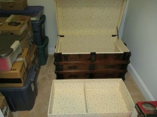 ANTIQUE STEAMER TRUNK FLAT TOP STAINED WOOD 2