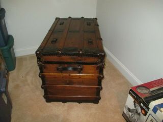 ANTIQUE STEAMER TRUNK FLAT TOP STAINED WOOD 4