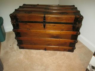 ANTIQUE STEAMER TRUNK FLAT TOP STAINED WOOD 5