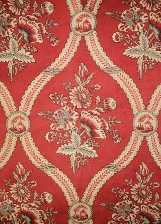 Antique French Floral Fabric Linen Red Ground Neutral & Gray Tones Textile 1800s