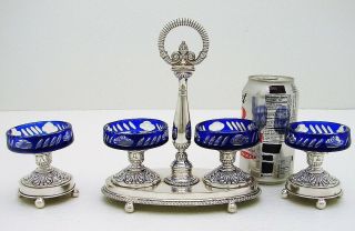 French Sterling Silver & Cobalt Cut Glass Double Master Salt C1820