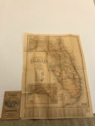 1920’s Antique Florida State Mileage Map Vintage Davis Islands City Populations