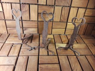 Antique Cast Iron - Blacksmith Wrought Forged Heart Shaped Hooks (x3) - Neat