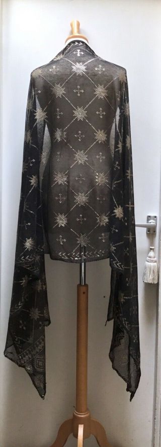 Striking Wide Antique Egyptian Assuit Shawl.  Black And Silver Stars.  Art Deco.