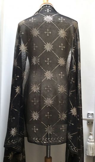 STRIKING WIDE ANTIQUE EGYPTIAN ASSUIT SHAWL.  BLACK AND SILVER STARS.  ART DECO. 2
