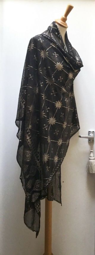 STRIKING WIDE ANTIQUE EGYPTIAN ASSUIT SHAWL.  BLACK AND SILVER STARS.  ART DECO. 3