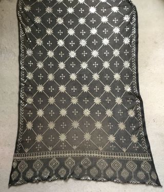 STRIKING WIDE ANTIQUE EGYPTIAN ASSUIT SHAWL.  BLACK AND SILVER STARS.  ART DECO. 7