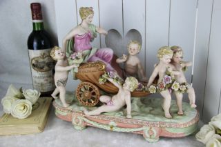 Xl German Bisque Porcelain Putti Cherubs Carriage Group Floral Majolica Rare