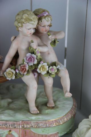 XL German Bisque porcelain putti cherubs carriage group floral majolica rare 3