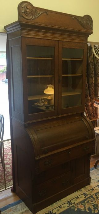 Antique Oak Victorian Cylinder Top Secretary Desk Bookcase