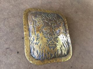 Frost Hammered Acid Etched Brass Lion Brooch Arts Crafts Stickley Era Rare