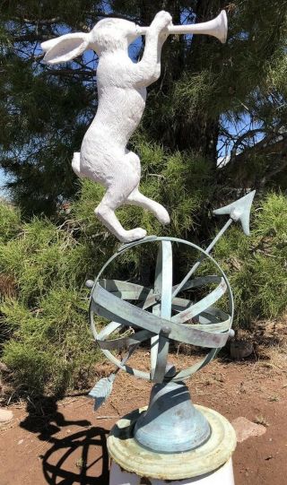 Antique Sundial Iron Arrow Armillary Rabbit Blowing Horn Garden Sphere 30 " High