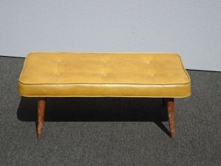 Vintage Mid Century Modern Gold Tufted Two Seater Bench Stool w Peg Legs 2