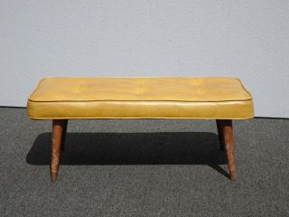 Vintage Mid Century Modern Gold Tufted Two Seater Bench Stool w Peg Legs 4
