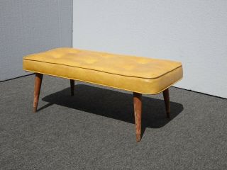 Vintage Mid Century Modern Gold Tufted Two Seater Bench Stool w Peg Legs 6